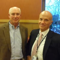 <p>Jay Wood, left, and Alan Gray, library director elect, attended the meeting.</p>