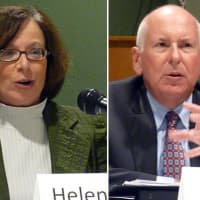 <p>Westport First Selectman candidates Helen Garten, a Democrat, and Jim Marpe, a Republican, discuss environmental issues Monday night in a debate at Earthplace.</p>