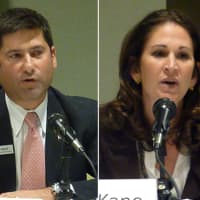 <p>Westport&#x27;s Second Selectman candidate Avi Kaner, a Republican, and Melissa Kane, a Democrat, answer questions during Monday night&#x27;s Earthplace debate.</p>