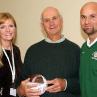 <p>Superintendent of Schools Mary Fox-Alter, Dick Rote, Varsity Football Coach Tony Becerra.</p>
