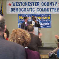 <p>Noam Bramson is welcomed on stage by Legislator Ken Jenkins prior to delivering his concession speech at the Westchester Hilton in Rye Town.</p>