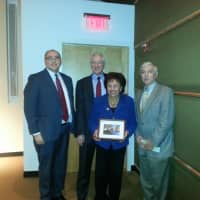 <p>At the awards ceremony, from left: Jonathan H. Hill, associate dean, Pace University, Sean Solomon, director of Lamont-Doherty, Congresswoman Nita Lowey, and Kurt Becker, associate provost for research, New York University.  </p>