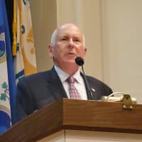 <p>Westport First Selectman Jim Marpe, a Republican, speaks Monday night at the town&#x27;s oath of office ceremonies. </p>