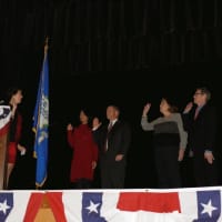 <p>Fairfield Town Clerk Betsy Brown swears in the new members of the Board of Education. </p>