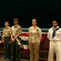 <p>Members of Fairfield&#x27;s Boy Scouts, Girl Scouts, Sea Scouts, Weblos and Cub Scouts lead the assembled in the Pledge of Allegiance. </p>