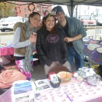 <p>Glitter &amp; Grime partners Rosie Vadella and Dina Sciortino with a friend at the Hastings Flea.</p>