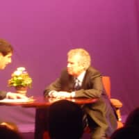 <p>Regis Philbin gets interviewed by Harvey senior Michael Goodkind.</p>