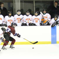 <p>Harvey player fights for control of puck against White Plains.</p>