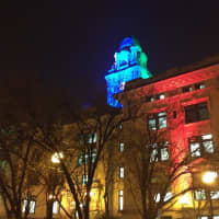 <p>Yonkers City Hall Clocktower lit in South Africa&#x27;s colors in honor of Nelson Mandela.</p>