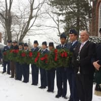 <p>CAP Westchester Cadet Squadron 1 Ceremonial detail and guests gather to lay the sponsored wreaths.</p>