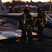 <p>The downed plane on the Major Deegan Expressway Saturday afternoon.</p>