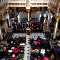 <p>Gov. Dannell Malloy speaks at the annual Martin Luther King Jr. Day celebration at the State Capitol in Hartford on Monday. </p>