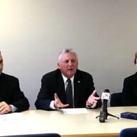 <p>Norwalk Mayor Harry Rilling, center, speaks at a press conference on Tuesday naming his new Business Advisory Council.</p>