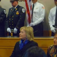 <p>Hillary Clinton and Congresswoman Nita Lowey at New Castle Town Hall. </p>