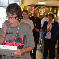 <p>A woman is shocked when she wins an iPad air from Club Fit Jefferson Valley.</p>