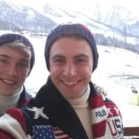 <p>Lugers Tucker West of Ridgefield and Chris Mazdzer take a selfie in their official U.S. Olympic gear before the Opening Ceremony. </p>