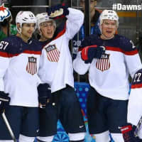 <p>New Rochelle&#x27;s Kevin Shattenkirk, right, celebrates with teammates after Team USA scored in Thursday&#x27;s 7-1 win over Slovakia.</p>