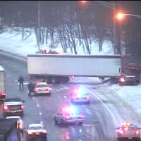 <p>A jackknifed tractor-trailer is blocking two lanes of northbound I-95 between Exits 18 and 19 in Westport. </p>