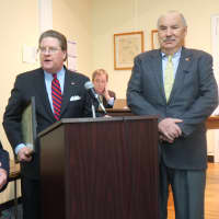 <p>Westchester Leiglsator Peter Harckham (center) presents John Marshall Jr. with a proclamation. </p>