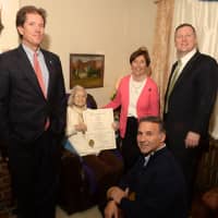 <p>State Reps. Livvy Floren (R-149), Steve Walko (R-150) and Fred Camillo (R-151) celebrate Greenwich&#x27;s Catherine Tesei&#x27;s 100th birthday. </p>