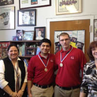 <p>Sanchez and Eberhart pictured with their guidance counselors at Stepinac High School.</p>