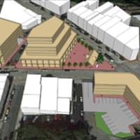 <p>A downtown design view of DRGs second proposed development scenario for the Village of Ossinings Market Square and parking lots at the intersection of Main and Spring Streets</p>