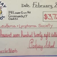 <p>The check for $3,728.92 was given by students at Greenwich&#x27;s Parkway School to the LLS.</p>