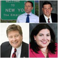 <p>Westchester legislators Jim Maisano (top right), Peter Harckham (bottom left) and Catherine Borgia (bottom right) comment on County Executive Rob Astorino&#x27;s (top left) decision to run for governor. </p>