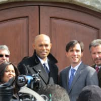 <p>Yankees legend Mariano Rivera with New Rochelle Mayor Noam Bramson and City Manager Charles Strong.</p>