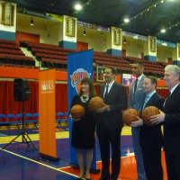 <p>From left, County Parks Commissioner Kathy O&#x27;Connor, D-League President Dan Reed, Allan Houston, County Executive Robert Astorino and Legislator Michael Kaplowitz welcome Westchester&#x27;s new D-League team.</p>