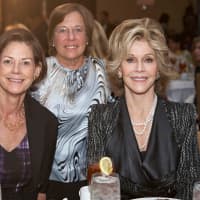 <p>Laurie Host of Greenwich and Marge Berkley of Greenwich with Jane Fonda</p>