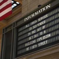 <p>The big signs indicate that train service is halted into and out of Grand Central Terminal. </p>