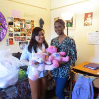 <p>College of New Rochelle students Marie Gomez and Raisa Jadotte show off the bears they will give to Haitian children.</p>
