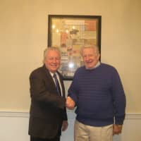<p>Fairfield First Selectman Mike Tetreau applauds the appointment of Louis Schueler as the new harbor master of Southport.</p>