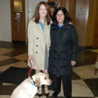 <p>Julianne Moore, actress, with Betsy Biddle, Executive Director of Andrus on Hudson and Bailey, Therapy Dog at Andrus on Hudson. Julianne Moore was at Andrus on Hudson filming &quot;Still Alice&quot;.</p>