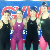 <p>Left to right, Taylor Schinto, Kate Hazlett, Emmy Sammons and Suzy Ryckman won the 13-14 200 free relay for the Greenwich YWCA Dolphins.</p>