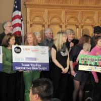 <p>Members of gun violence protection groups celebrate the one-year anniversary of the passage of Connecticut&#x27;s stricter gun laws. </p>