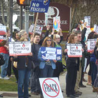 <p>More than 100 protesters lined the sidewalks on Broadway in Tarrytown to protest upstate fracking.</p>