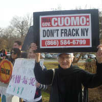 <p>More than 100 protesters lined the sidewalks on Broadway in Tarrytown to protest upstate fracking.</p>