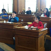<p>Students discussed issues in the Legislative Chambers.</p>