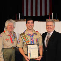 <p>Thelma Barlow, district commissioner for Westchester County Boy Scouts, Eagle Scout Ryan Lowe and Somers Town Supervisor Rick Morrissey.</p>