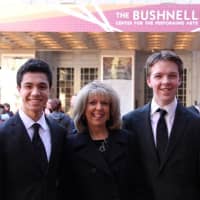 <p>Chase Smith and Griffin King at the Bushnell with Betsey De Groff, their choir director at Wilton High School.</p>