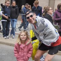 <p>Hartsdale&#x27;s Brian Wilanyowicz with his daughter at last year&#x27;s Boston Marathon just before the two bombs exploded.</p>