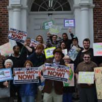 <p>Supporters of GMO labeling posed for photos in front of Mount Kisco Village Hall.</p>