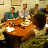 <p>U.S. Rep. Nita Lowey talks about the importance of Pell Grants with Purchase College students Danielle Williams (second from left) and Nzingha Shaw (bottom), and other students and college staff. </p>
