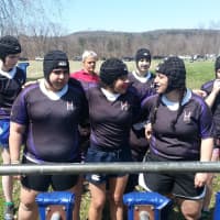 <p>Brianna Casino, Mary Martinez of Bedford Hills, and Claudia Smith of South Salem hit the scrum sled for the first time together before the match.  Also pictured, loose forwards, Shelby Moore, Caroline Zide, and Julia DeNigris of Somers.
</p>