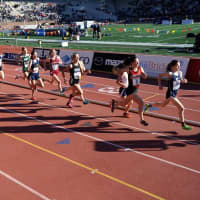 <p>Staples&#x27; Hannah DeBalsi leads the pack in the 3,000 meters at the Penn Relays.</p>