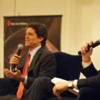 <p>Mark Kennedy Shriver and Willie Geist talk about Save the Children programs during a benefit for the international childrens relief and development organization at the Riverside Yacht Club on Thursday, April 24. </p>
