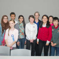 <p>Dr. Cathy Gorn, Executive Director of National History Day, meets students.</p>