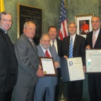 <p>From left, the Rev. Thomas Collins, president of Stepinac High School; William F. Plunkett, chairman of the board; Ron Tedesco, honoree; Paul Carty, principal; Thomas Roach, mayor of White Plains; and Kevin Plunkett, deputy county executive.</p>